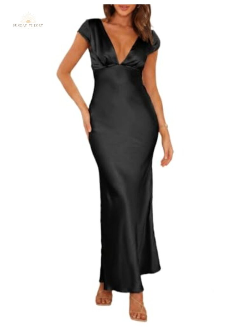 Satin V Neck Cap Sleeve Midi Dress Twist Back Cut Out Formal Party